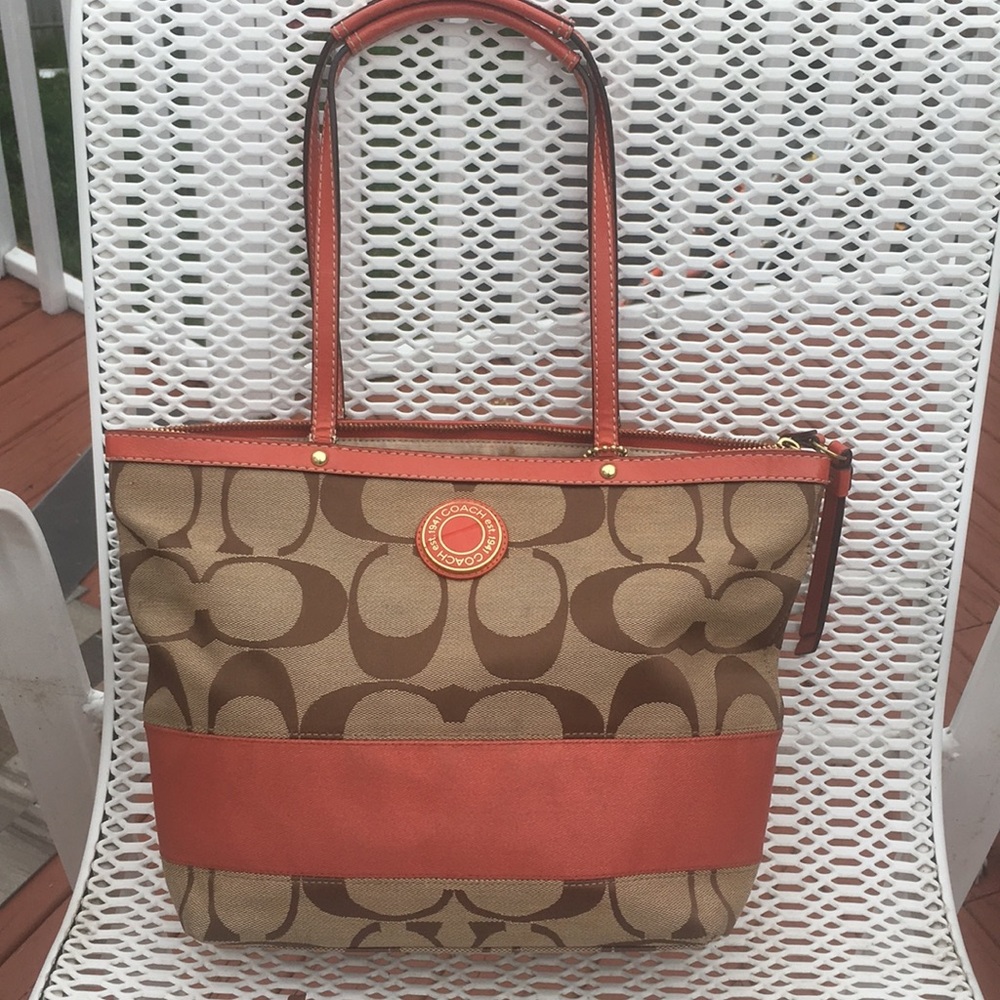 COACH Signature Canvas Logo w/Coral Trim Purse NEW